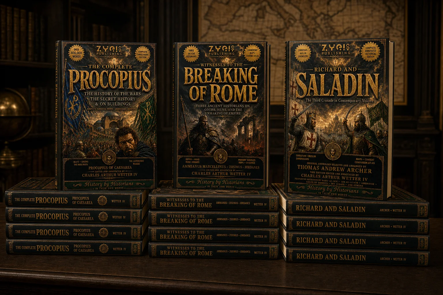 The three History by Historians books displayed upright on bookstore stacks