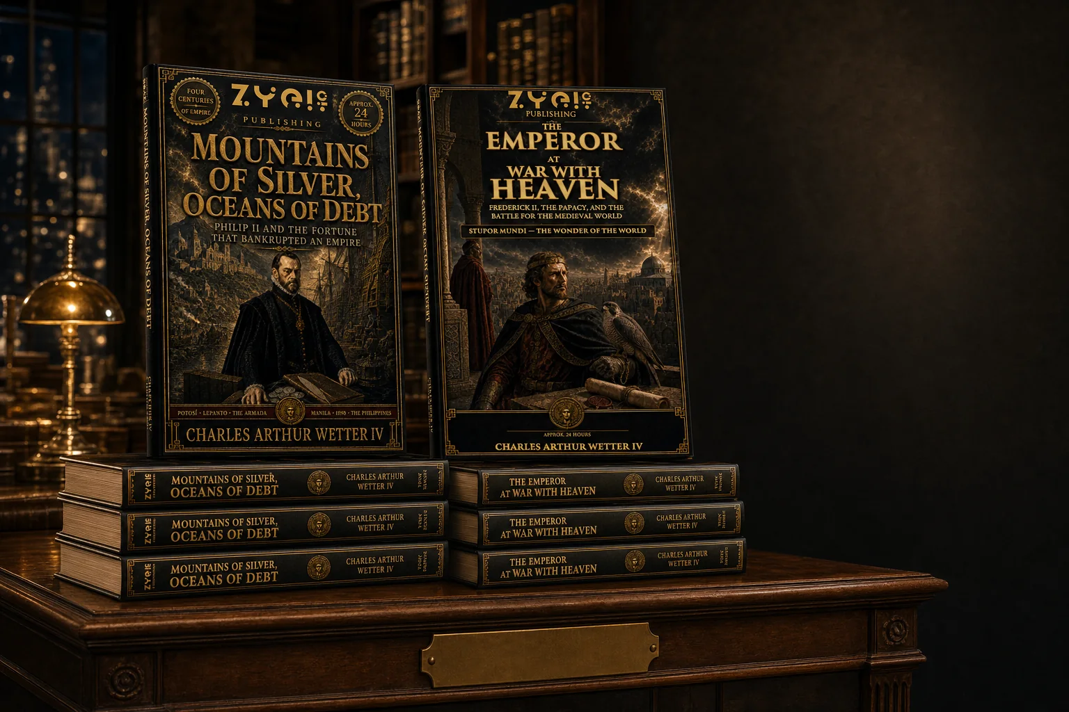 Mountains of Silver, Oceans of Debt and The Emperor at War with Heaven displayed on bookstore stacks