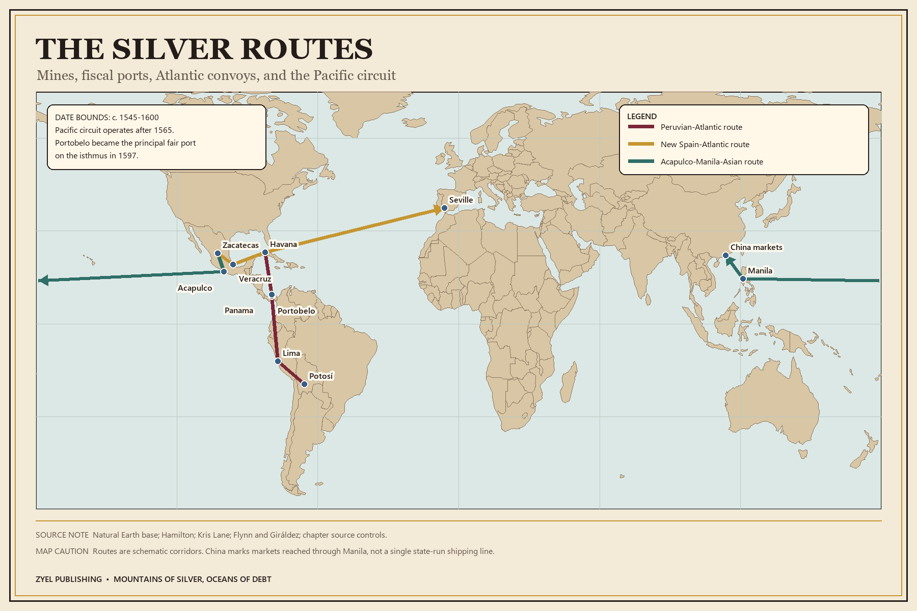 Authored historical map: Silver routes across two oceans