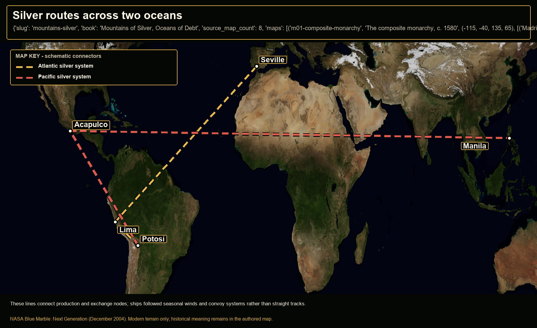 Open NASA satellite orientation map: Silver routes across two oceans