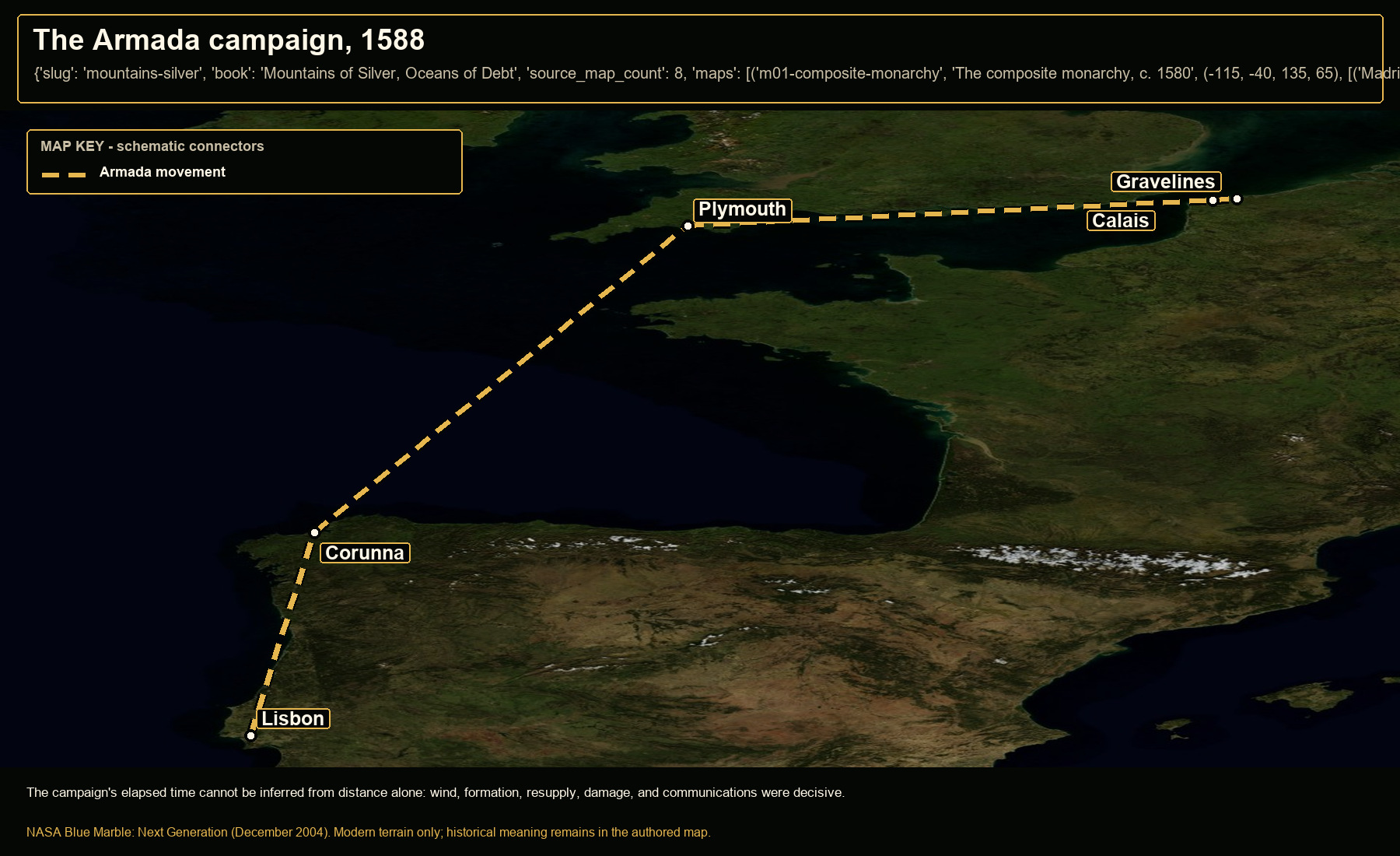 Open NASA satellite orientation map: The Armada campaign, 1588