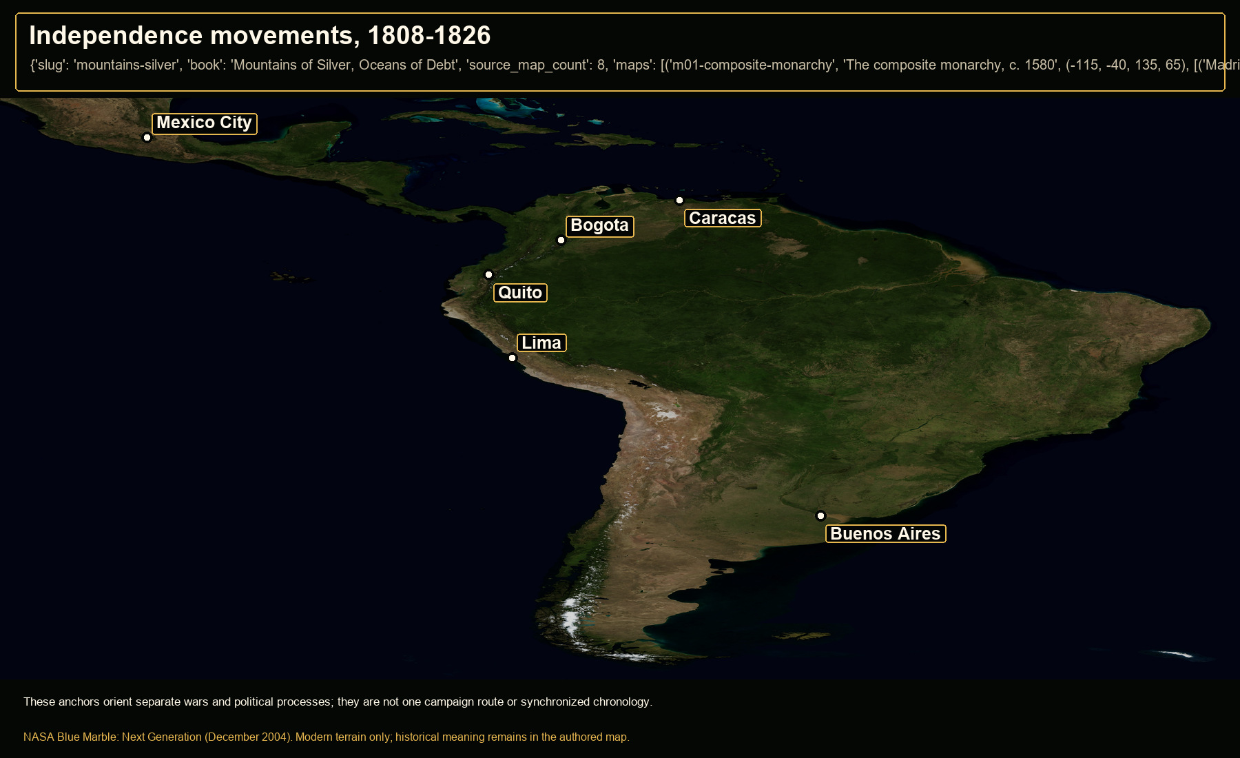 Open NASA satellite orientation map: Independence movements, 1808-1826