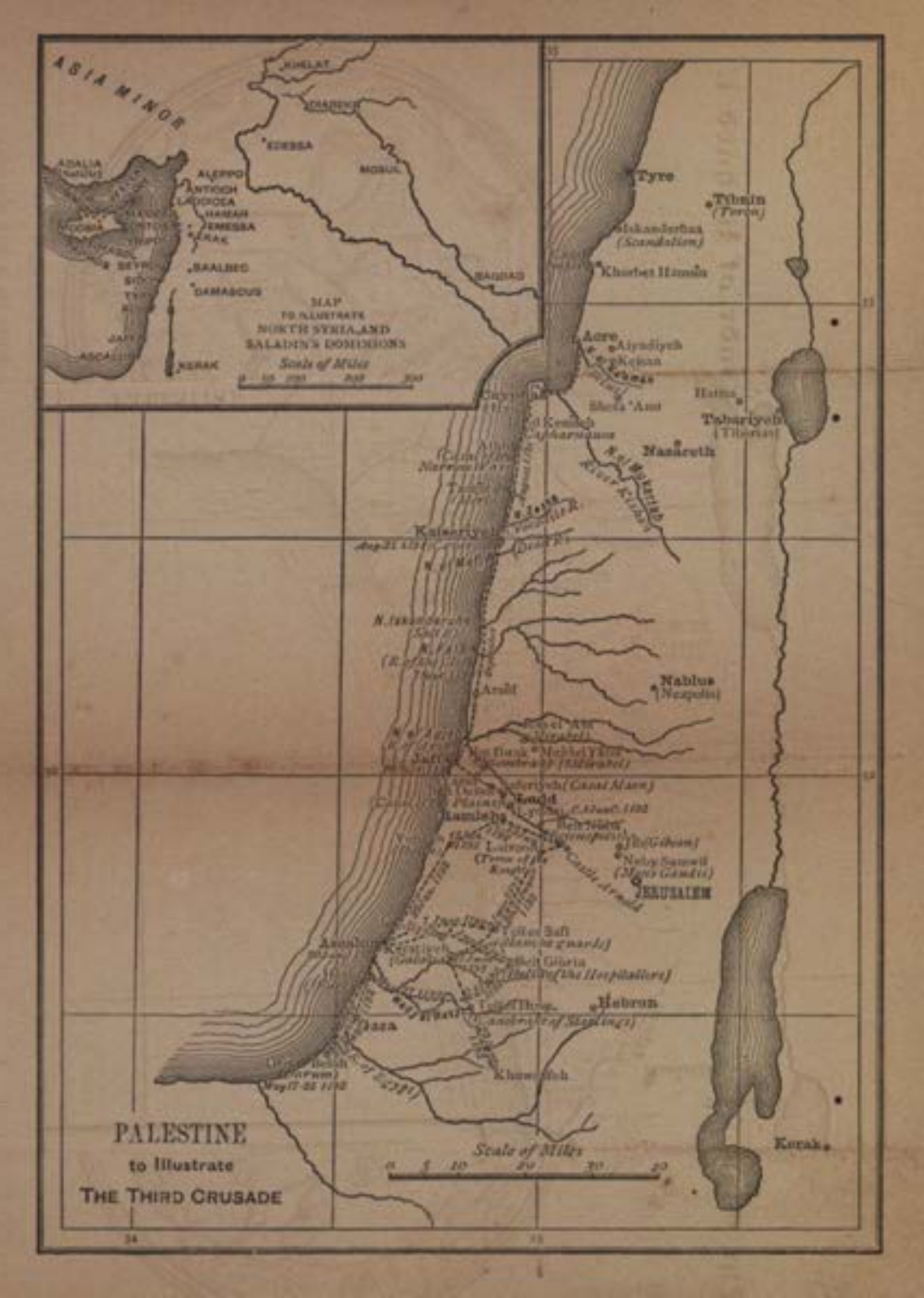 Palestine to illustrate the Third Crusade, an 1888 historical map restored to correct orientation