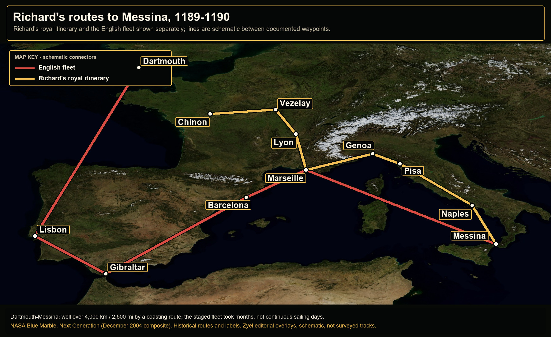 Open NASA satellite orientation map: Richard's routes to Messina, 1189-1190