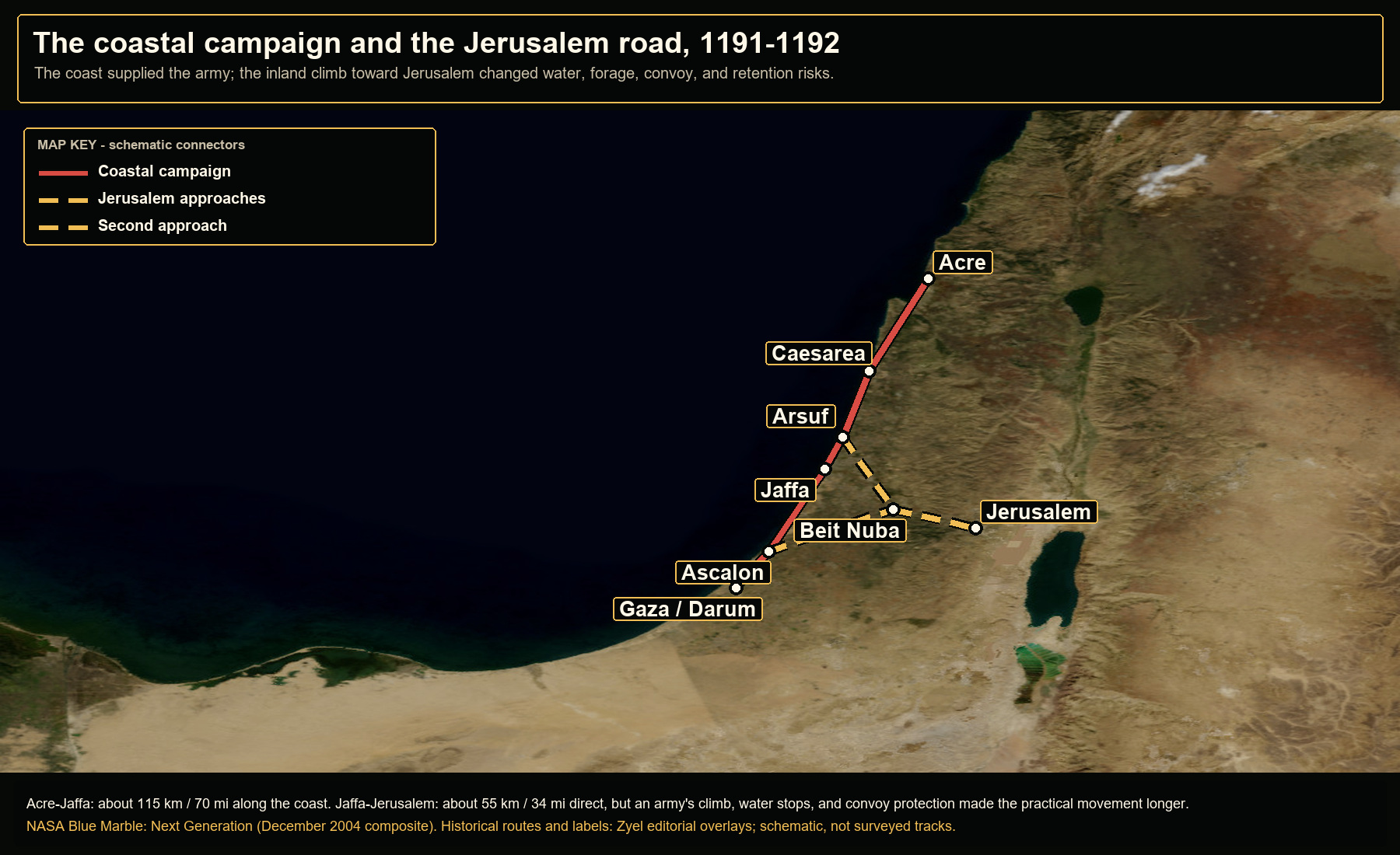 Open NASA satellite orientation map: The coastal campaign and the Jerusalem road, 1191-1192