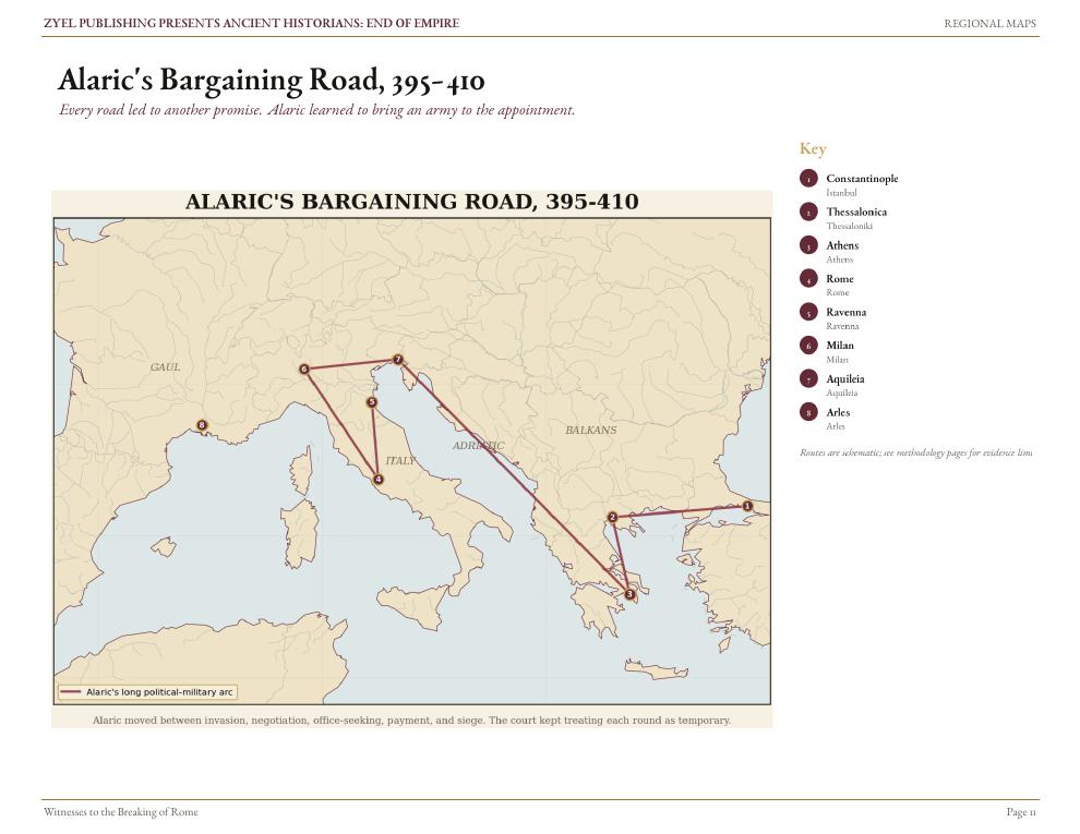 Authored historical map: Alaric's bargaining road, 395-410