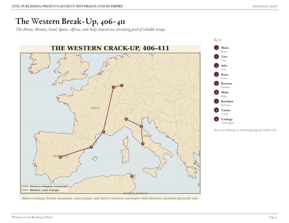 Authored historical map: The Western break-up, 406-411