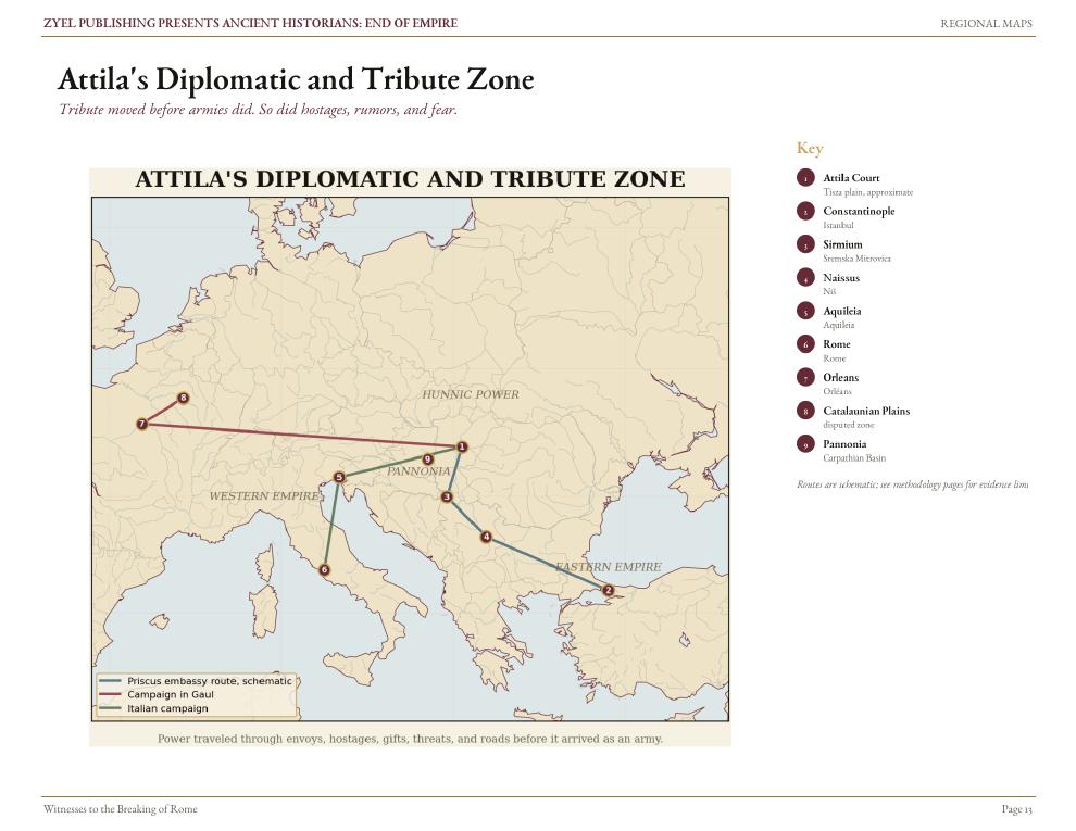 Authored historical map: Attila's diplomatic and tribute zone