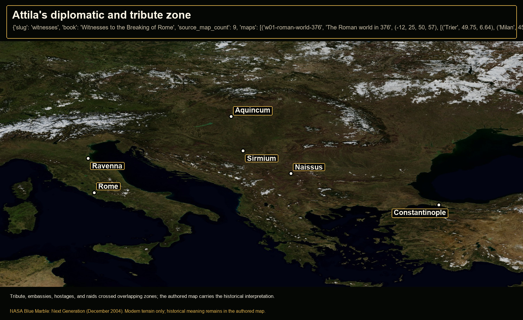 Open NASA satellite orientation map: Attila's diplomatic and tribute zone